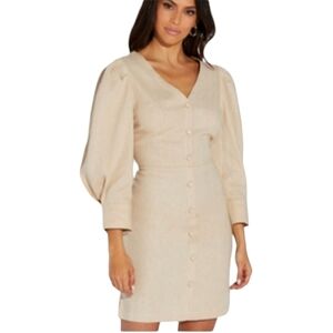Shoe Dazzle Tan Linen Blend Dress V-neck Faux Button Front Long Balloon Sleeves